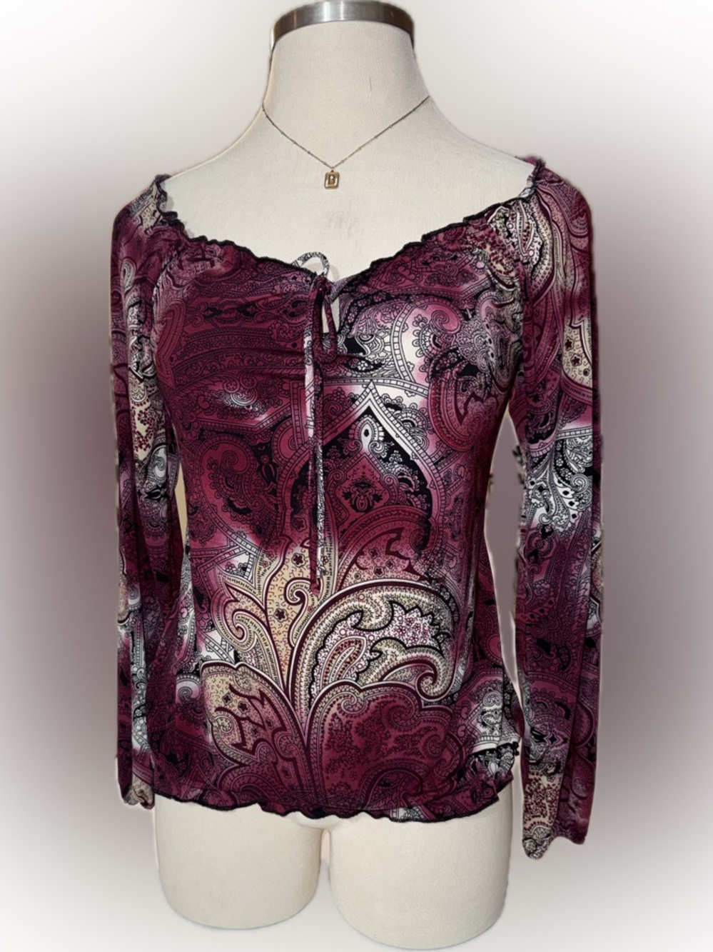 Y2K Agenda Paisley Drawstring Off the Shoulder Long Sleeve Top‎ - Burgundy Multi